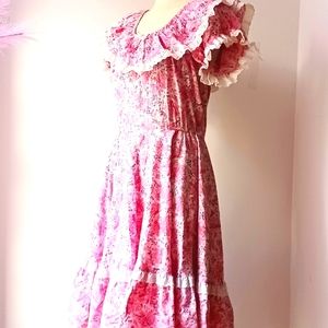 Vintage Ruffle Pink white dress By Meg Simpkin ( cotton) XL